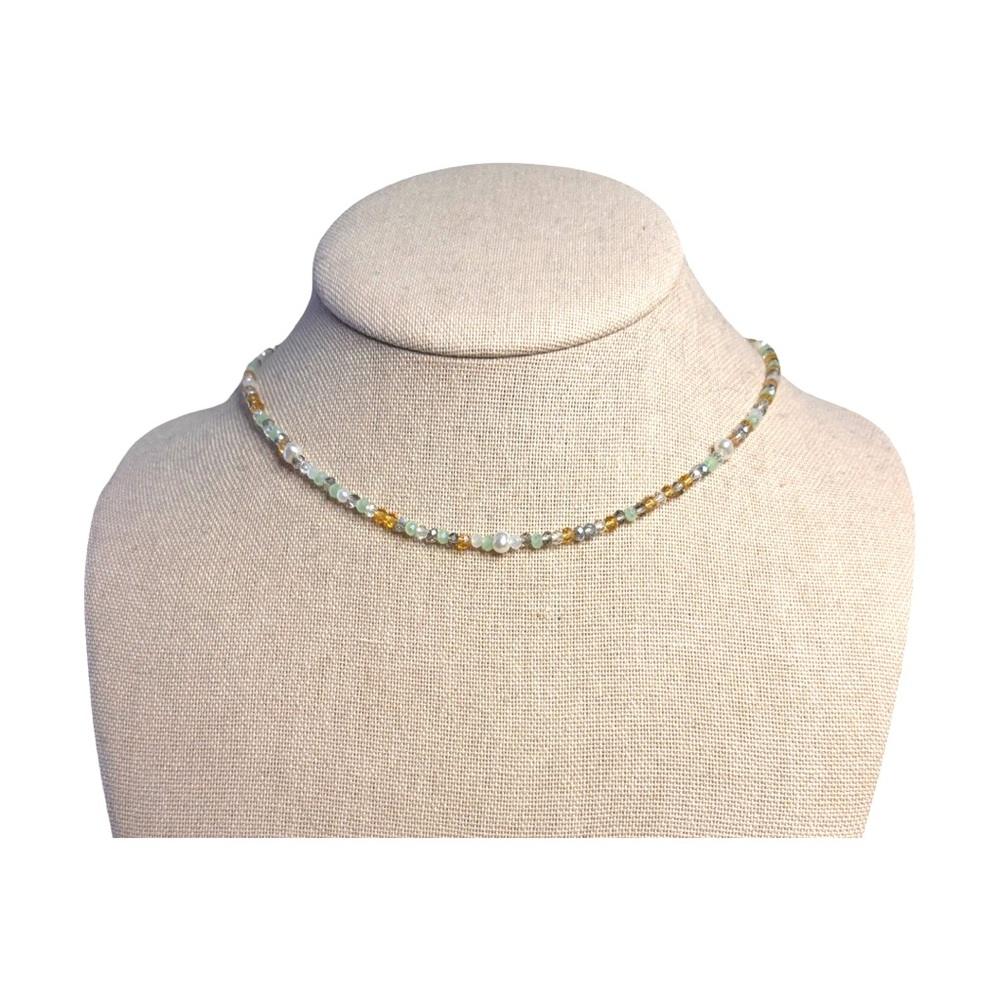 Pastel blue, pearls, and gold tone beaded necklace, dainty cottagecore, coquette